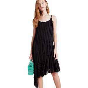 Anthropologie Eri + Ali fringed asymmetrical hem slip dress in black polyester